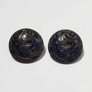 Vintage Deep Blue Glass Gold Floral Design Button Clip Earrings